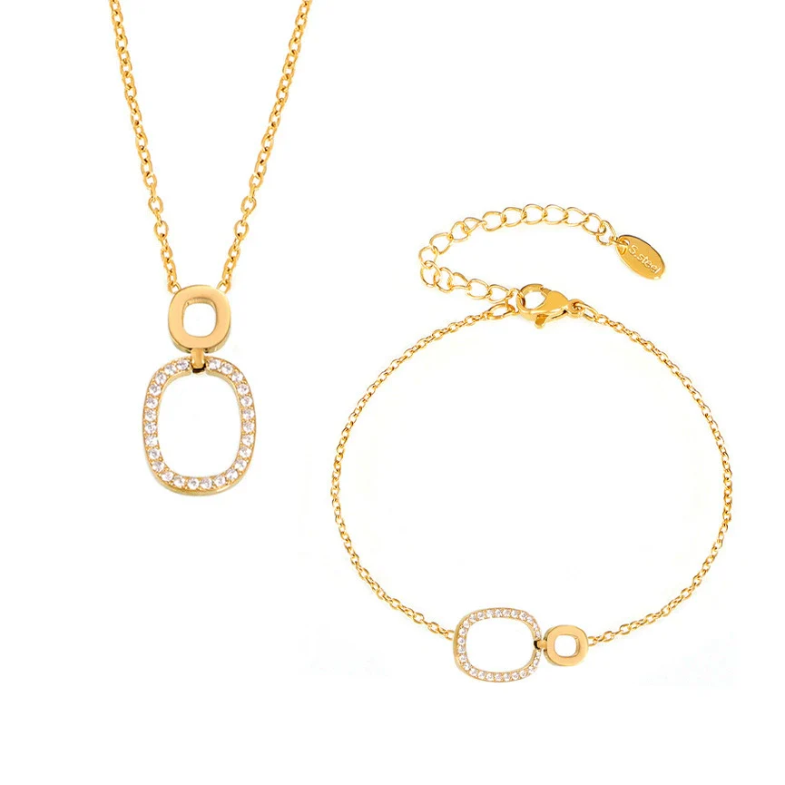 Stainless Steel And Titanium Steel Inlaid Zircon Double Ring Necklace Bracelet For Women With Electroplating And Geometric Style - Image 5