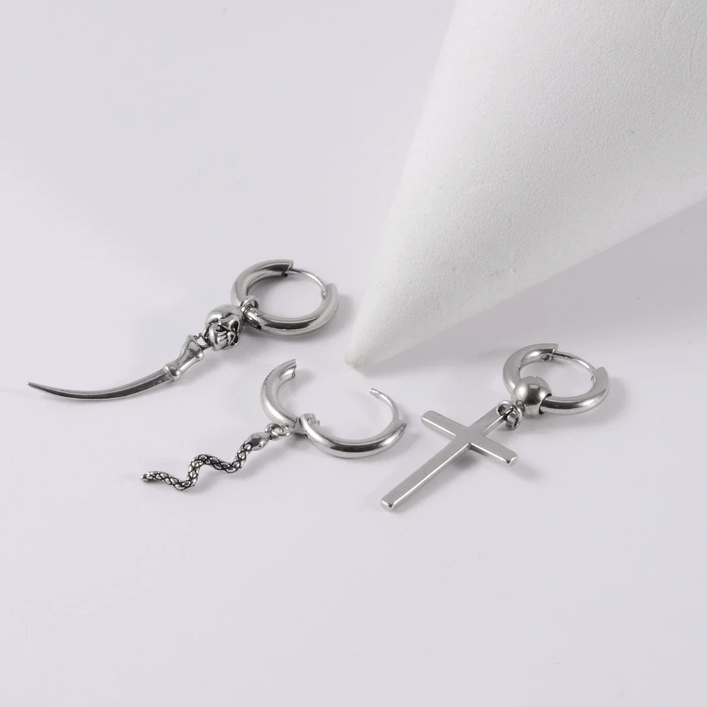 Stainless Steel Animal Zodiac Geometric Leaf Snakeshaped Skull Ear Buckle Earrings And Ear Bone Ring With Electroplating - Image 2