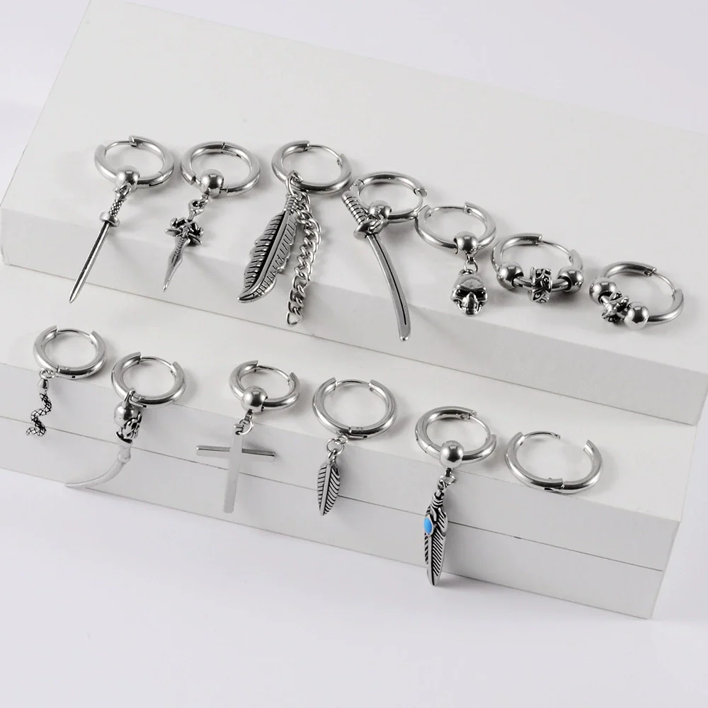 Stainless Steel Animal Zodiac Geometric Leaf Snakeshaped Skull Ear Buckle Earrings And Ear Bone Ring With Electroplating - Image 4