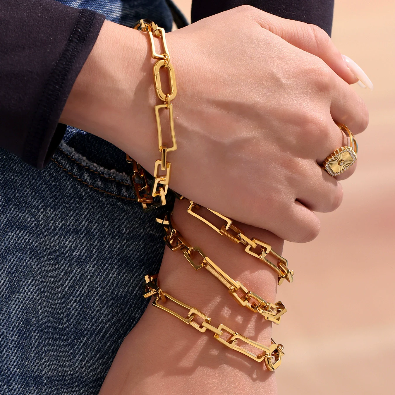 Stainless Steel Bamboo Chain Women's Bracelet Geometric 18K Goldplated Hiphop Jewelry - Image 2