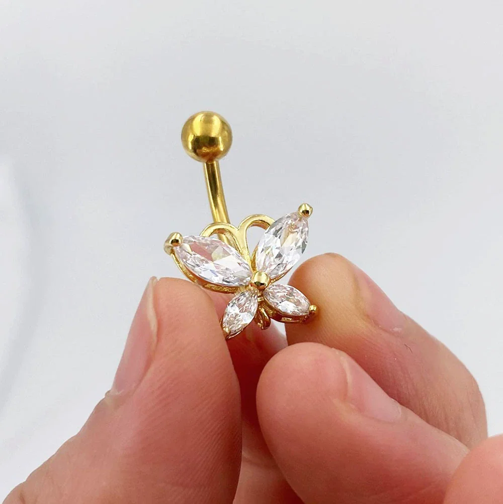 Stainless Steel Butterfly Navel Ring With Diamond Design And Alloy Inlaid Artificial Gemstones For Women Body Piercing Jewelry - Image 3