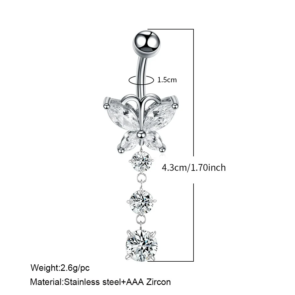 Stainless Steel Butterfly Navel Ring With Diamond Design And Alloy Inlaid Artificial Gemstones For Women Body Piercing Jewelry - Image 5