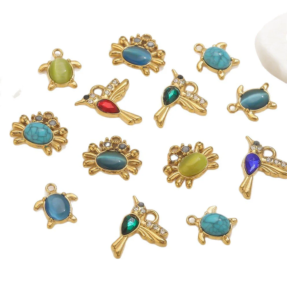 Stainless Steel Crab Turtle Bird Inlaid Stone Pendant Jewelry Accessories Electroplated - Image 5