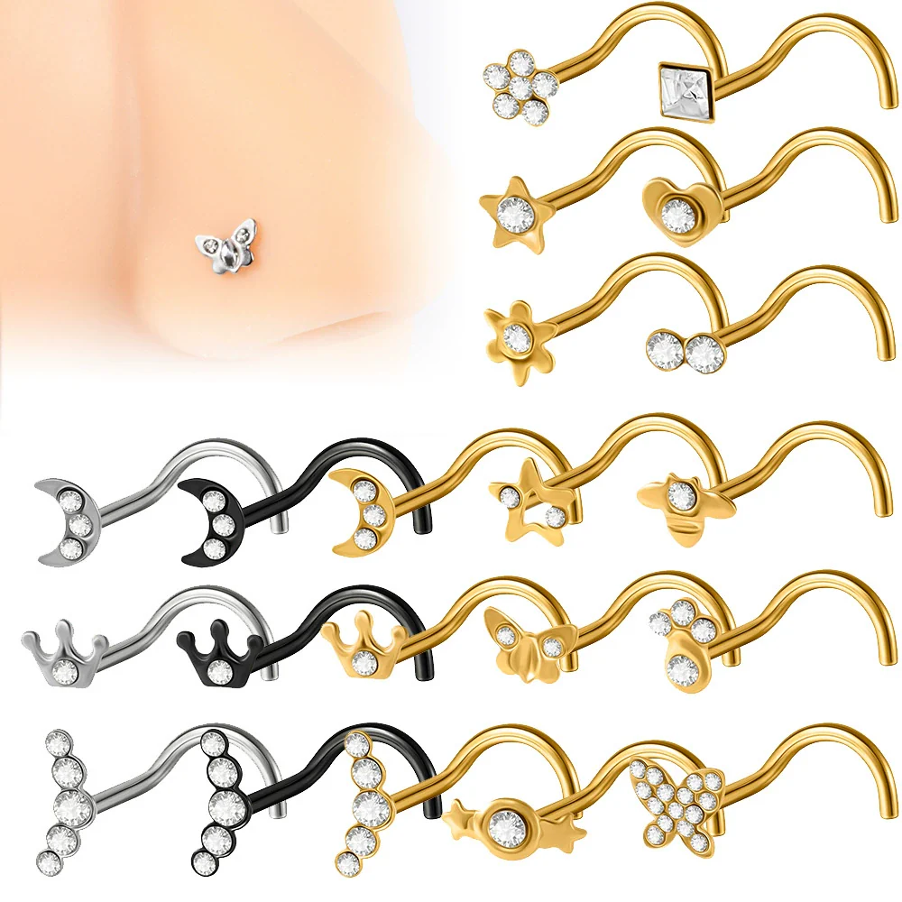 Stainless Steel Crown Heart Shape Nose Ring Sshaped Curved Rod Fivestar Love Czech Diamond Piercing Jewelry Electroplated