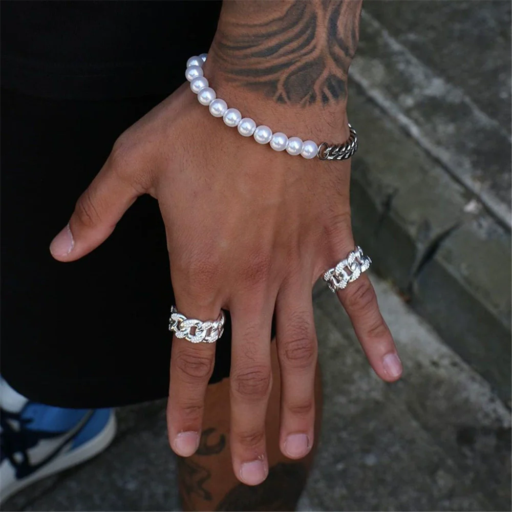 Stainless Steel Cuban Chain Pearl Bracelet Geometric Style Unisex - Image 3