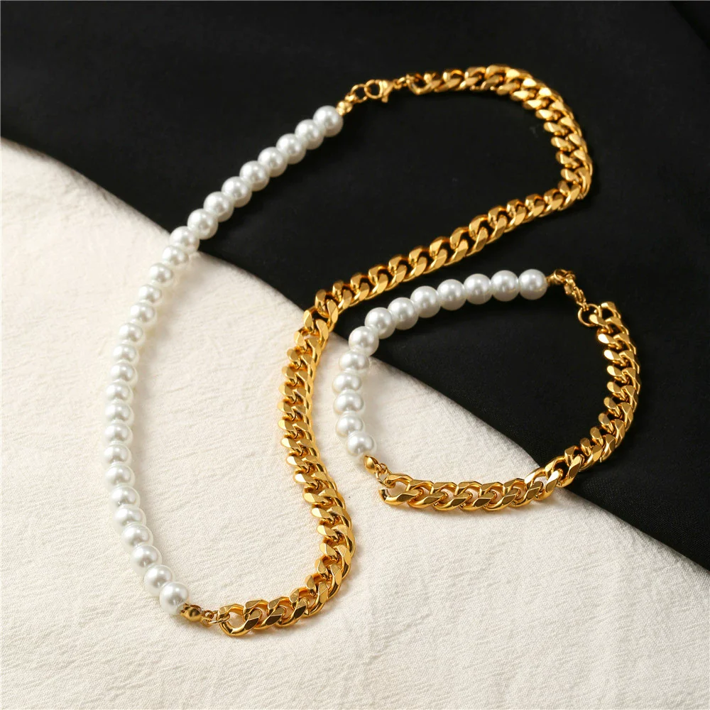 Stainless Steel Cuban Chain Pearl Bracelet Geometric Style Unisex - Image 4