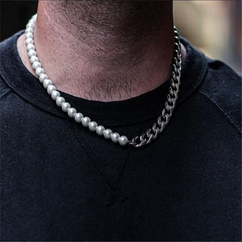Stainless Steel Cuban Chain Pearl Bracelet Geometric Style Unisex - Image 7