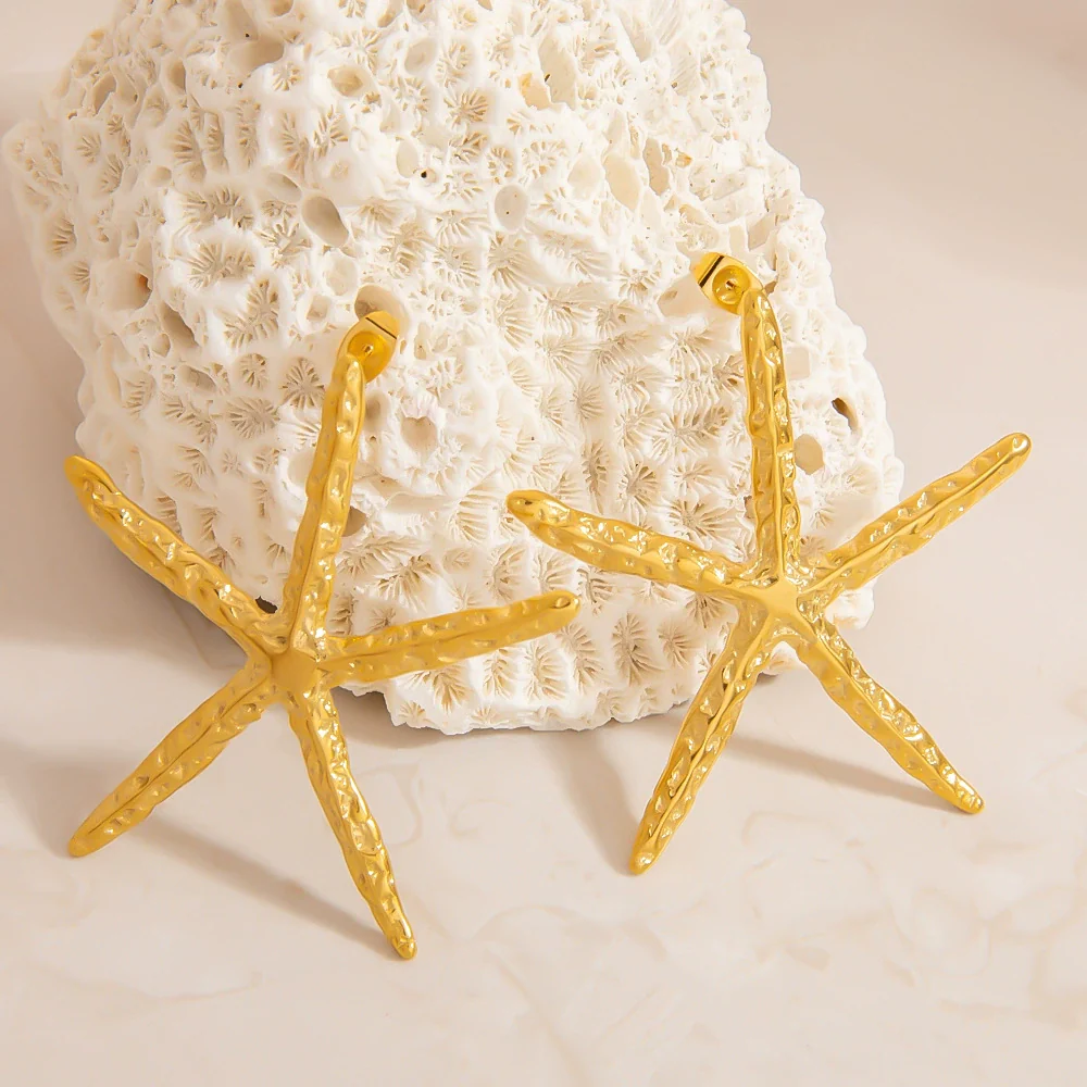 Stainless Steel Earrings Hammered Starfish Style Electroplated For Women - Image 3