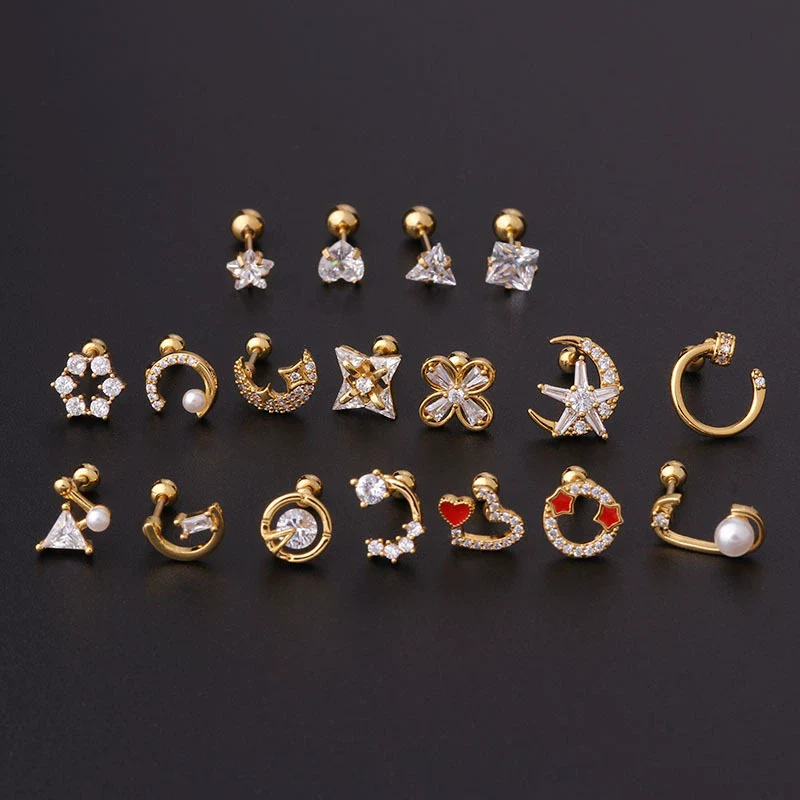 Stainless Steel Fashion Geometric Electroplated Zircon Ear Bone Puncture Earrings For Women - Image 3