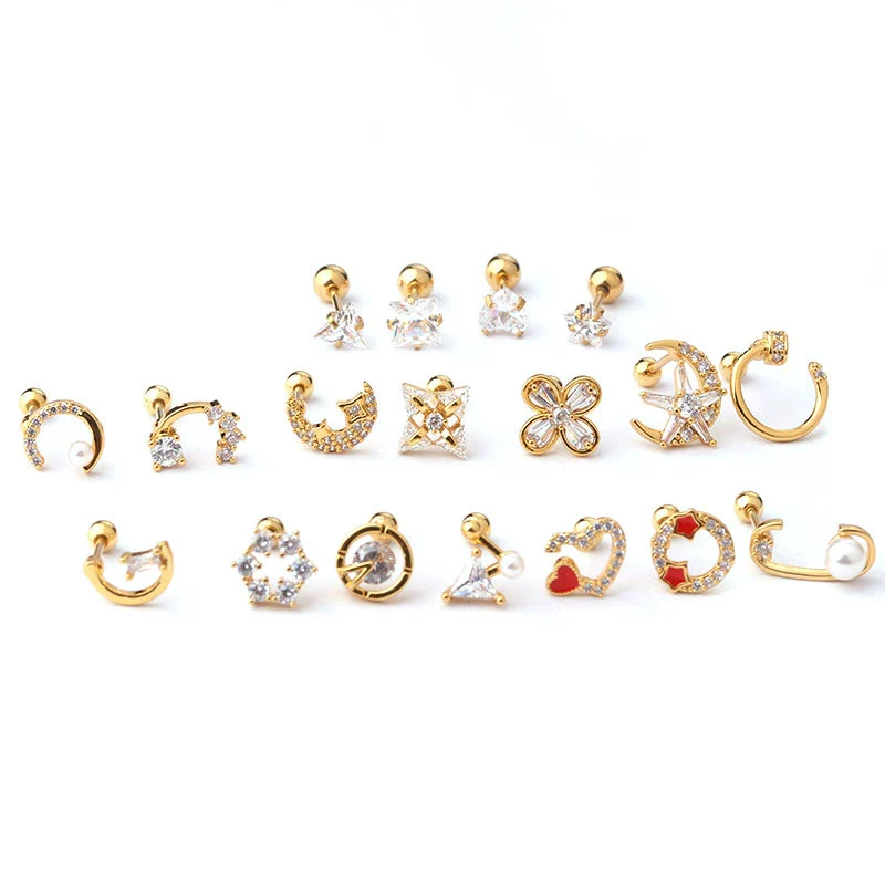 Stainless Steel Fashion Geometric Electroplated Zircon Ear Bone Puncture Earrings For Women - Image 5