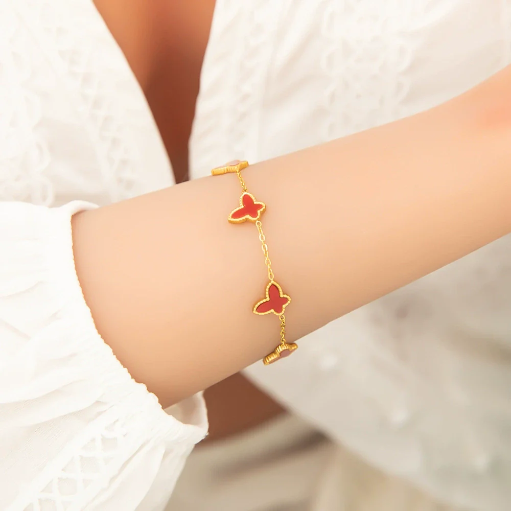 Stainless Steel Fourleaf Clover Gemstone Pendant Bracelet Electroplated Women's Jewelry Simple Style - Image 3