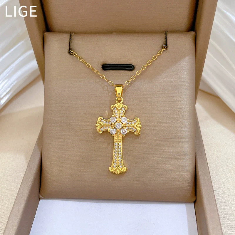 Stainless Steel Geometric Cross Diamond Necklace Unisex