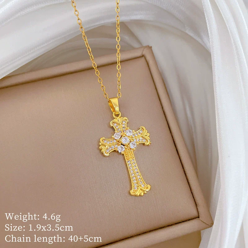 Stainless Steel Geometric Cross Diamond Necklace Unisex - Image 5