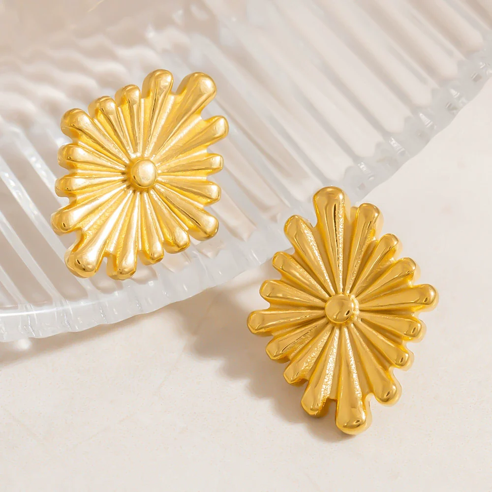 Stainless Steel Geometric Flower Asymmetrical Earrings For Women Gold Plated Light Luxury Minimalist Style - Image 2