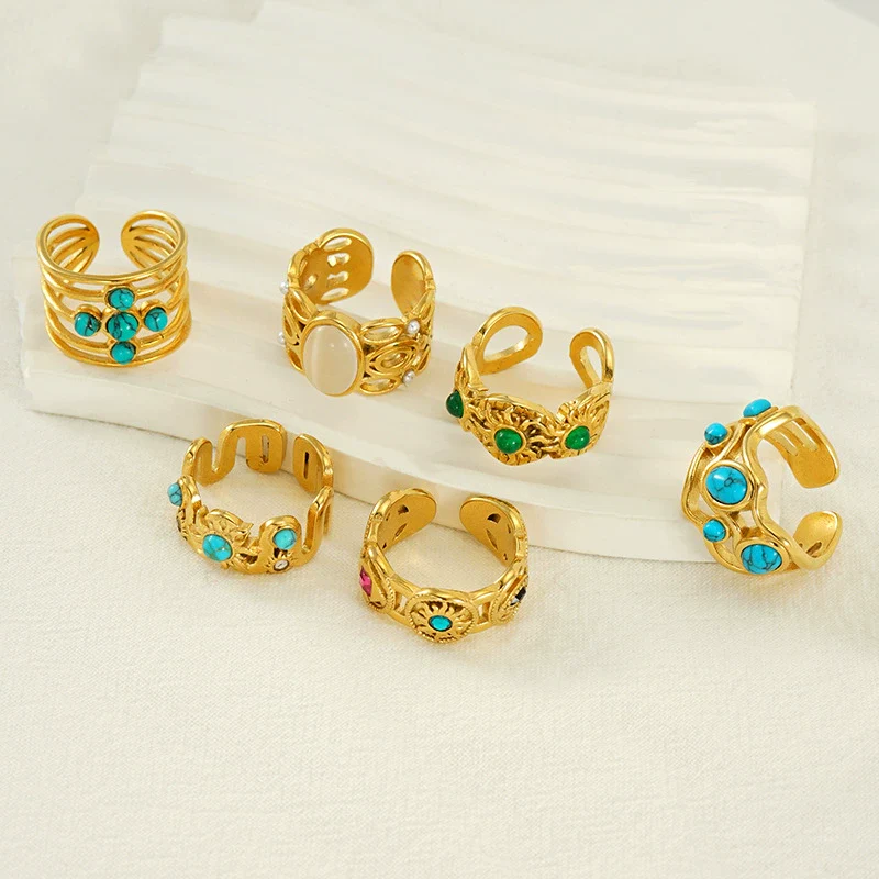 316L Stainless Steel Geometric Malachite Inlaid Electroplated Unisex Ring - Image 2