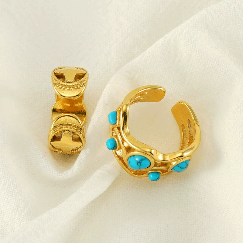 316L Stainless Steel Geometric Malachite Inlaid Electroplated Unisex Ring - Image 3