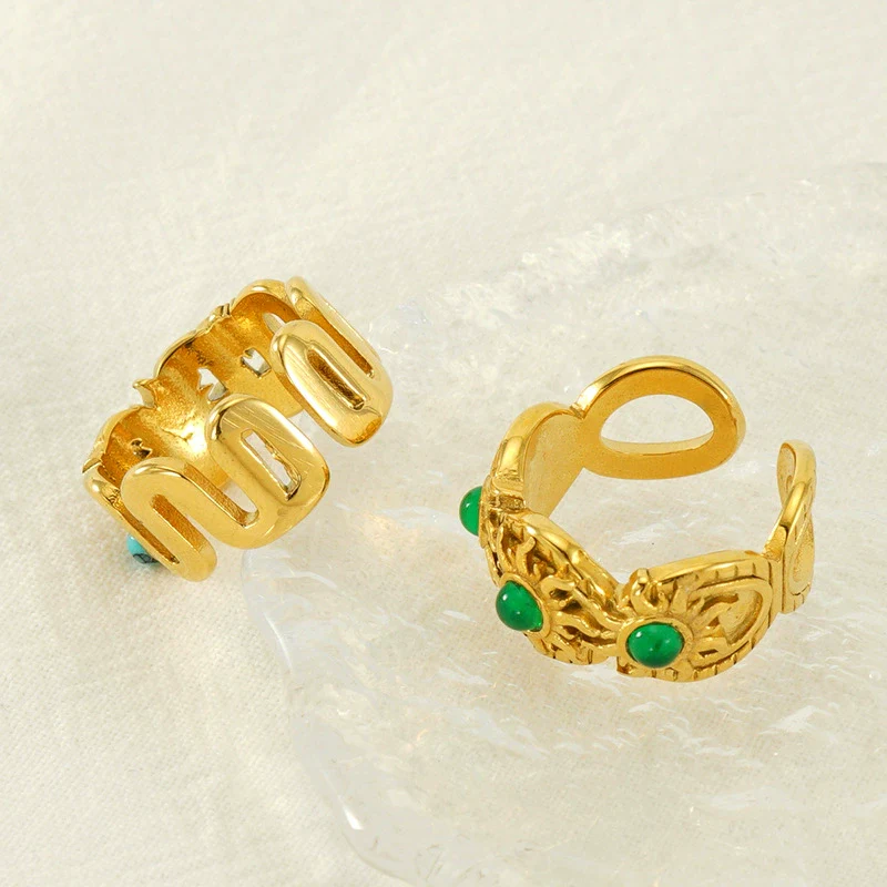 316L Stainless Steel Geometric Malachite Inlaid Electroplated Unisex Ring - Image 4