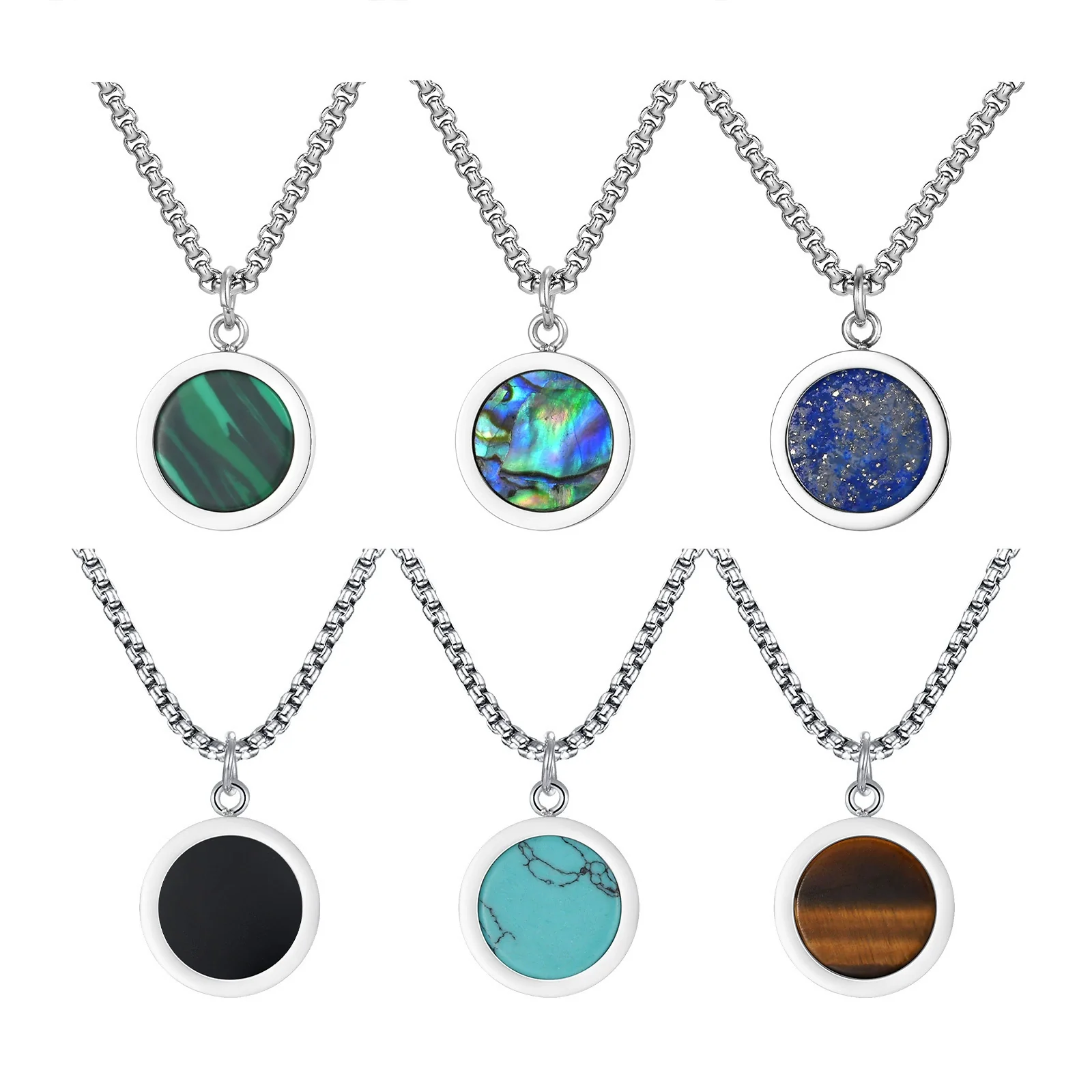 Stainless Steel Geometric Natural Stone Abalone Pendant Necklace For Men - Image 5