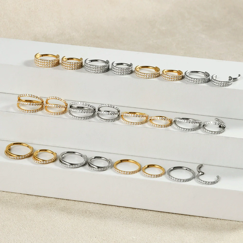 Stainless Steel Geometric Nose Ring And Ear Bone Ring With Electroplating And Three Layer Inlaid White Zircon - Image 2