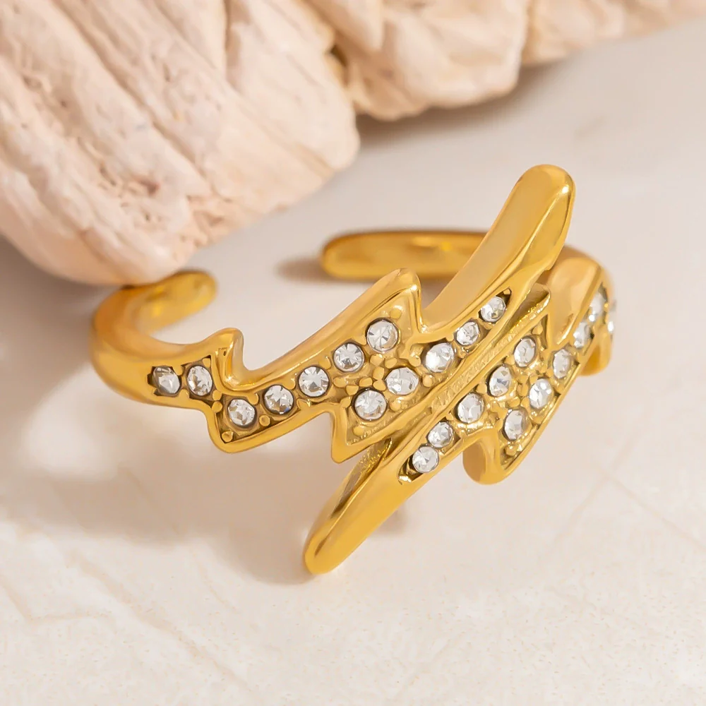 Stainless Steel Geometric Open Ring Jewelry Electroplated With Bright Stone And 18K Gold Colorpreserving Feature - Image 4