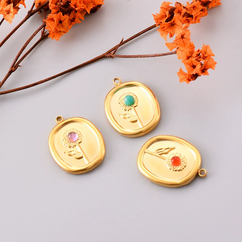Stainless Steel Geometric Oval Sunflower Relief Jewelry Accessories Diy Earrings Pendant Flower Pendant Electroplated - Image 3