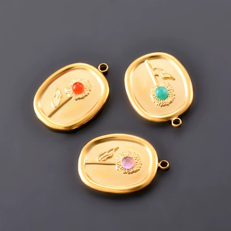 Stainless Steel Geometric Oval Sunflower Relief Jewelry Accessories Diy Earrings Pendant Flower Pendant Electroplated - Image 4