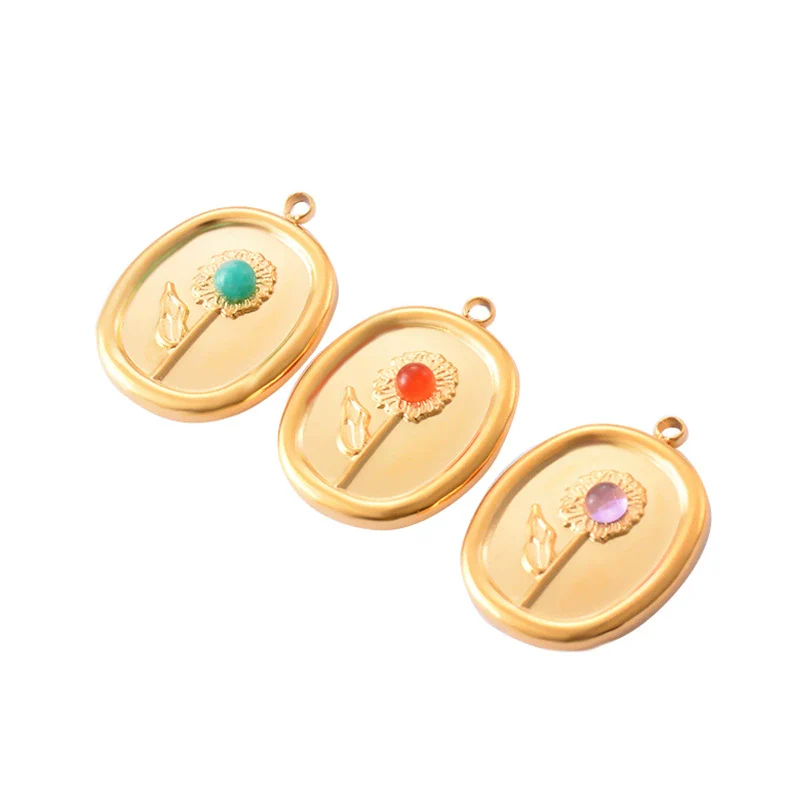 Stainless Steel Geometric Oval Sunflower Relief Jewelry Accessories Diy Earrings Pendant Flower Pendant Electroplated - Image 5