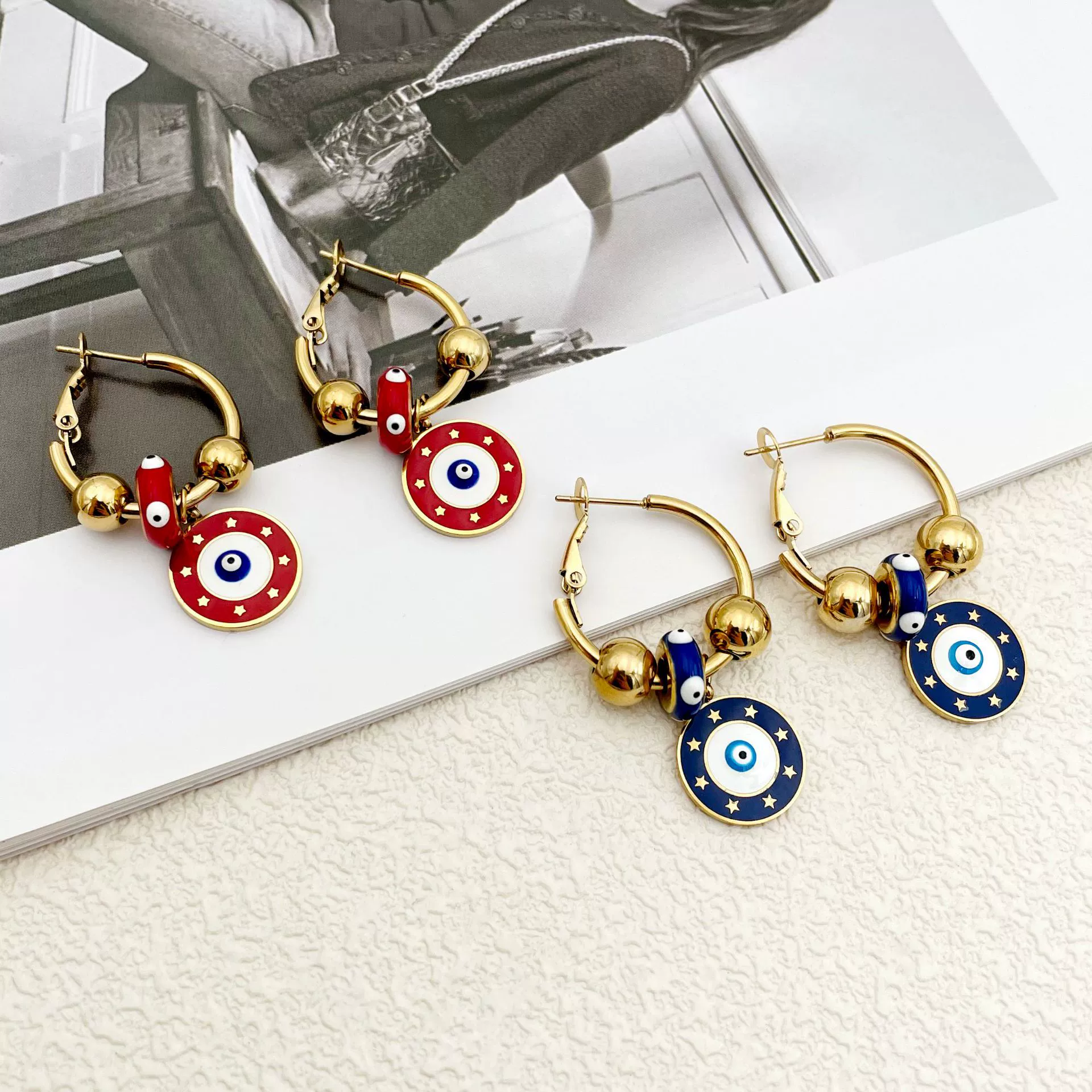 Stainless Steel Geometric Round Devil's Eye Pendant Earrings With Oil Embossed And Electroplating - Image 4