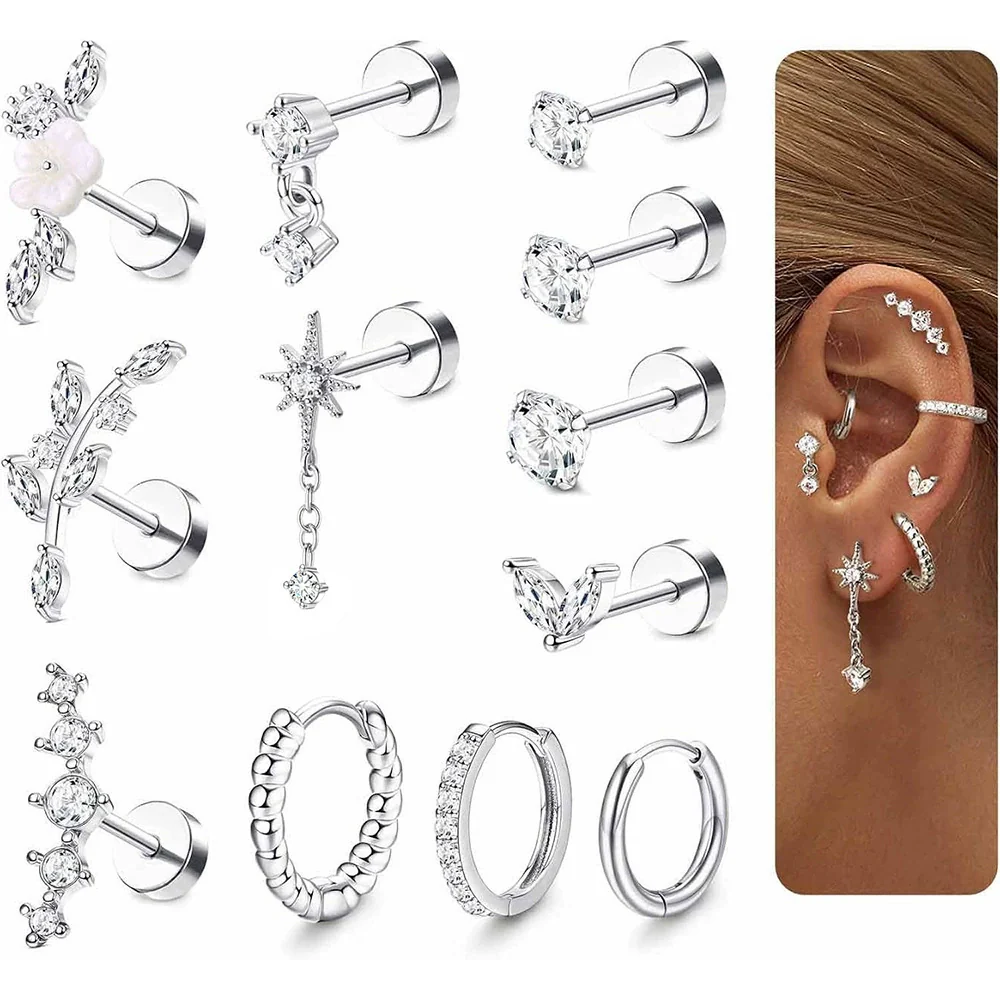 Stainless Steel Geometric Style Earrings Set With Diamonds - Image 2