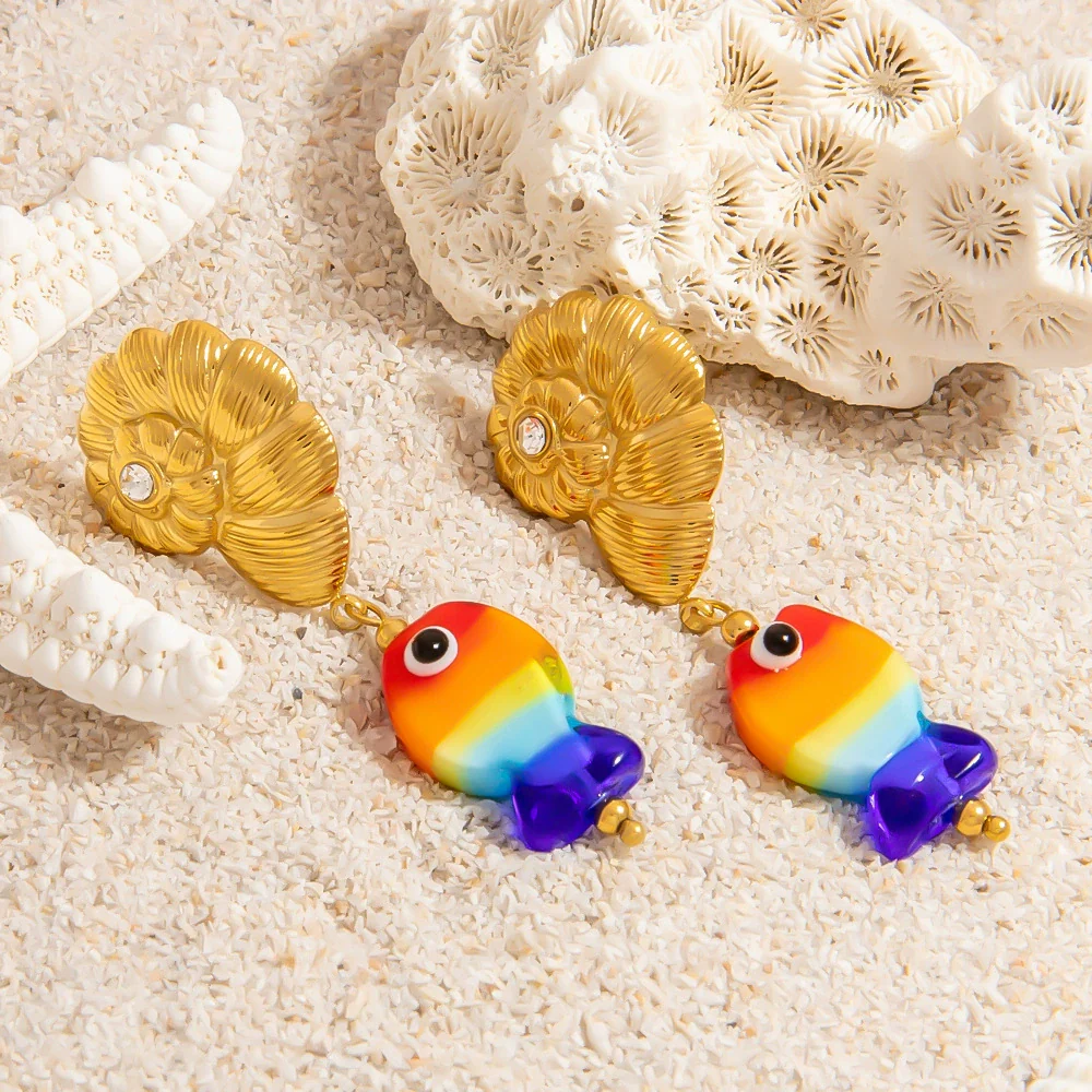 Stainless Steel Geometric Women's Earrings With Electroplating Marine Series Small Fish Shell Jewelry Pendants Light Luxury Style - Image 3