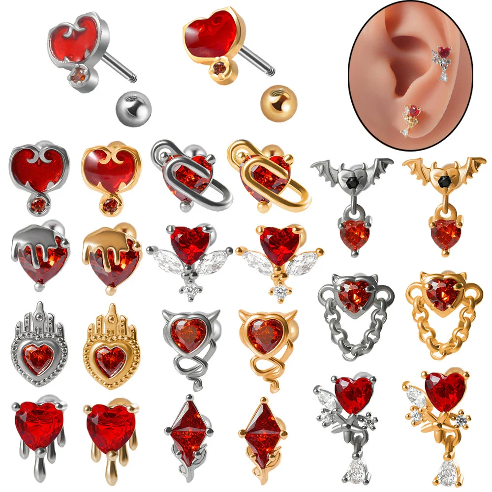 Stainless Steel Heartshaped Ear Nail With Red Diamond Bat Devil And Hanging Chain Electroplated