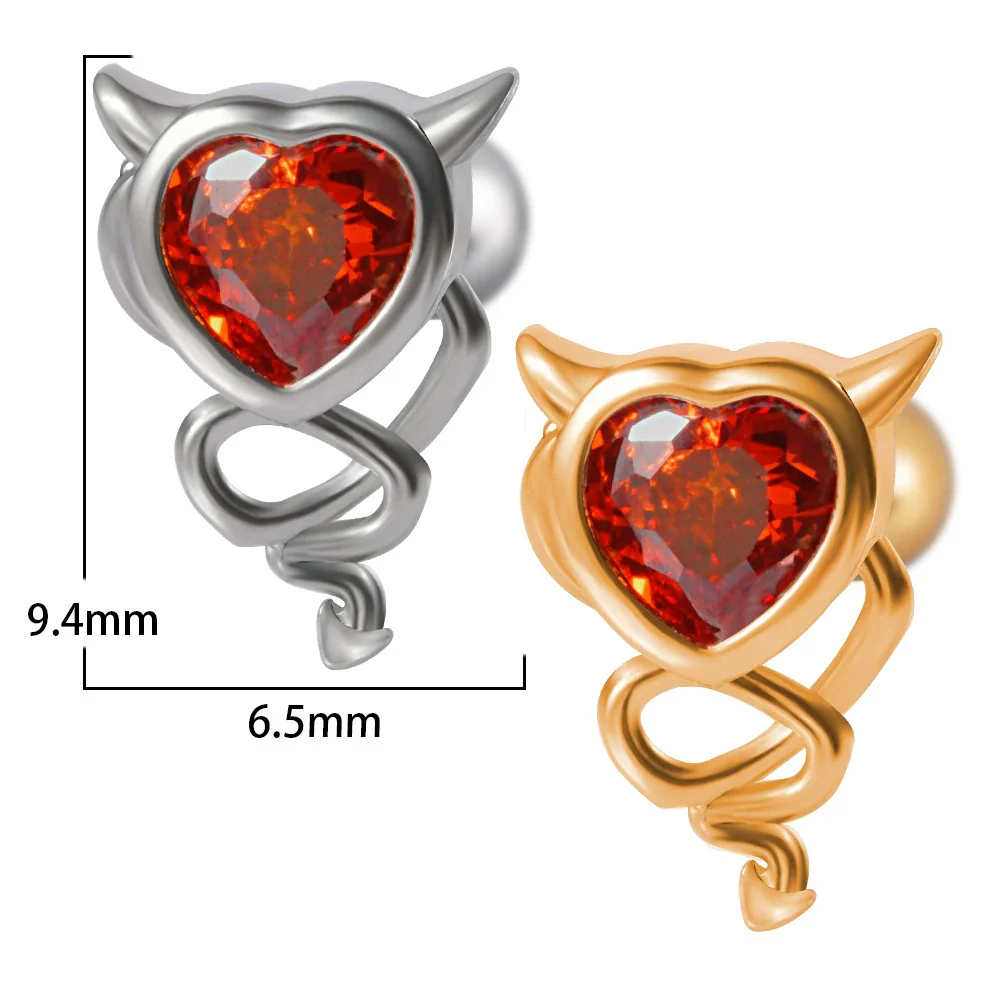 Stainless Steel Heartshaped Ear Nail With Red Diamond Bat Devil And Hanging Chain Electroplated - Image 12