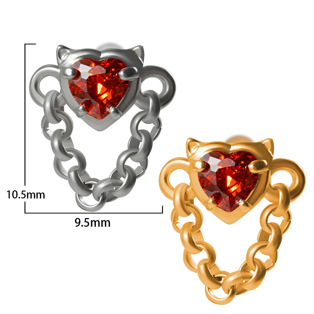 Stainless Steel Heartshaped Ear Nail With Red Diamond Bat Devil And Hanging Chain Electroplated - Image 13
