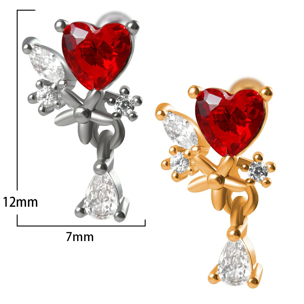 Stainless Steel Heartshaped Ear Nail With Red Diamond Bat Devil And Hanging Chain Electroplated - Image 14