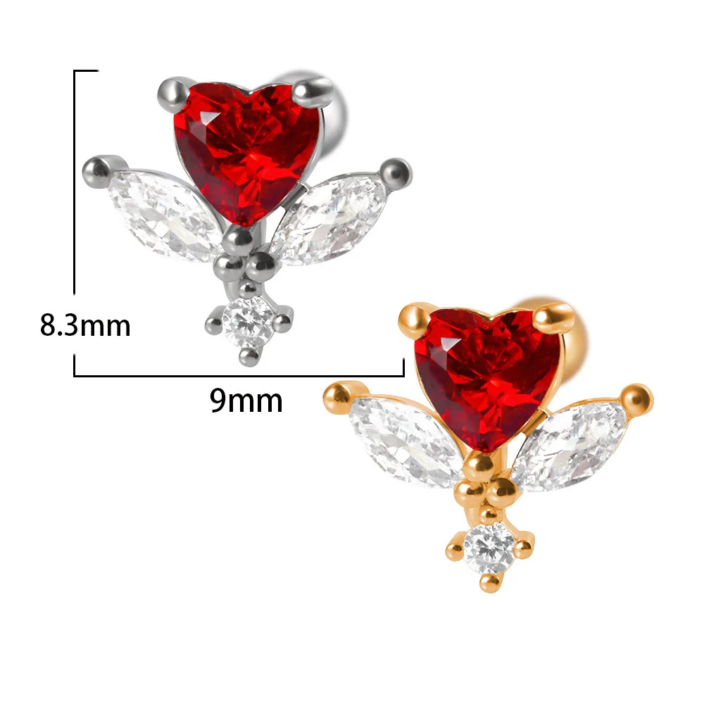 Stainless Steel Heartshaped Ear Nail With Red Diamond Bat Devil And Hanging Chain Electroplated - Image 15