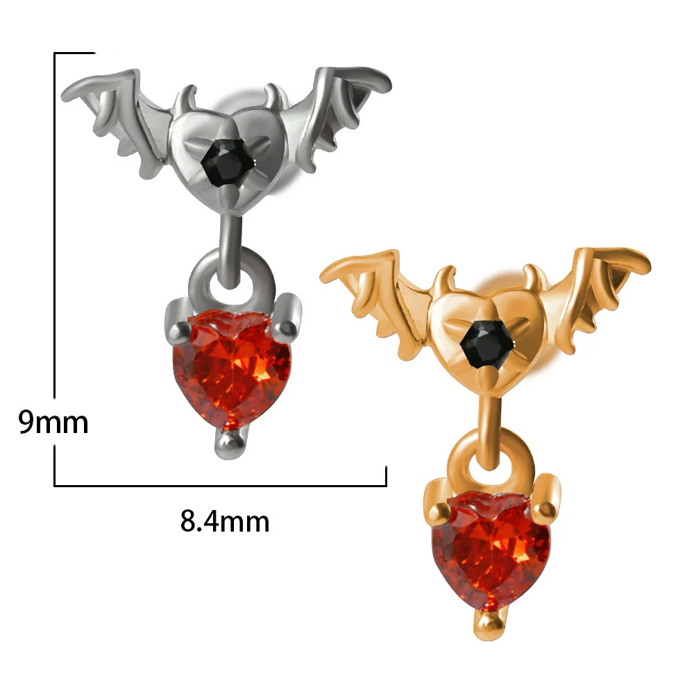 Stainless Steel Heartshaped Ear Nail With Red Diamond Bat Devil And Hanging Chain Electroplated - Image 16