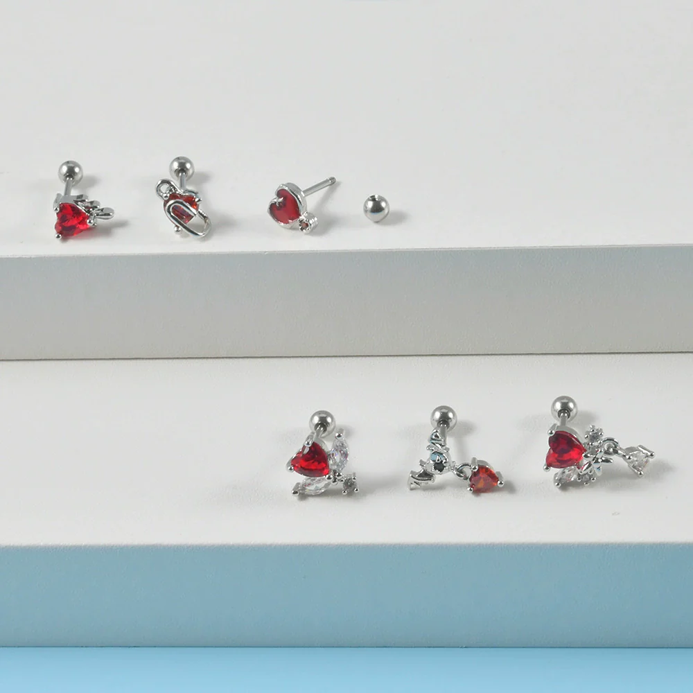 Stainless Steel Heartshaped Ear Nail With Red Diamond Bat Devil And Hanging Chain Electroplated - Image 2