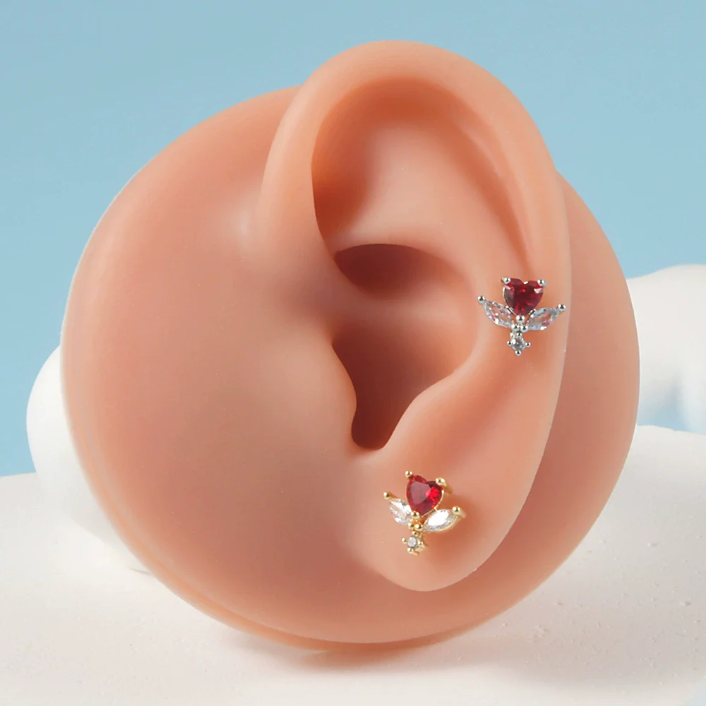 Stainless Steel Heartshaped Ear Nail With Red Diamond Bat Devil And Hanging Chain Electroplated - Image 3