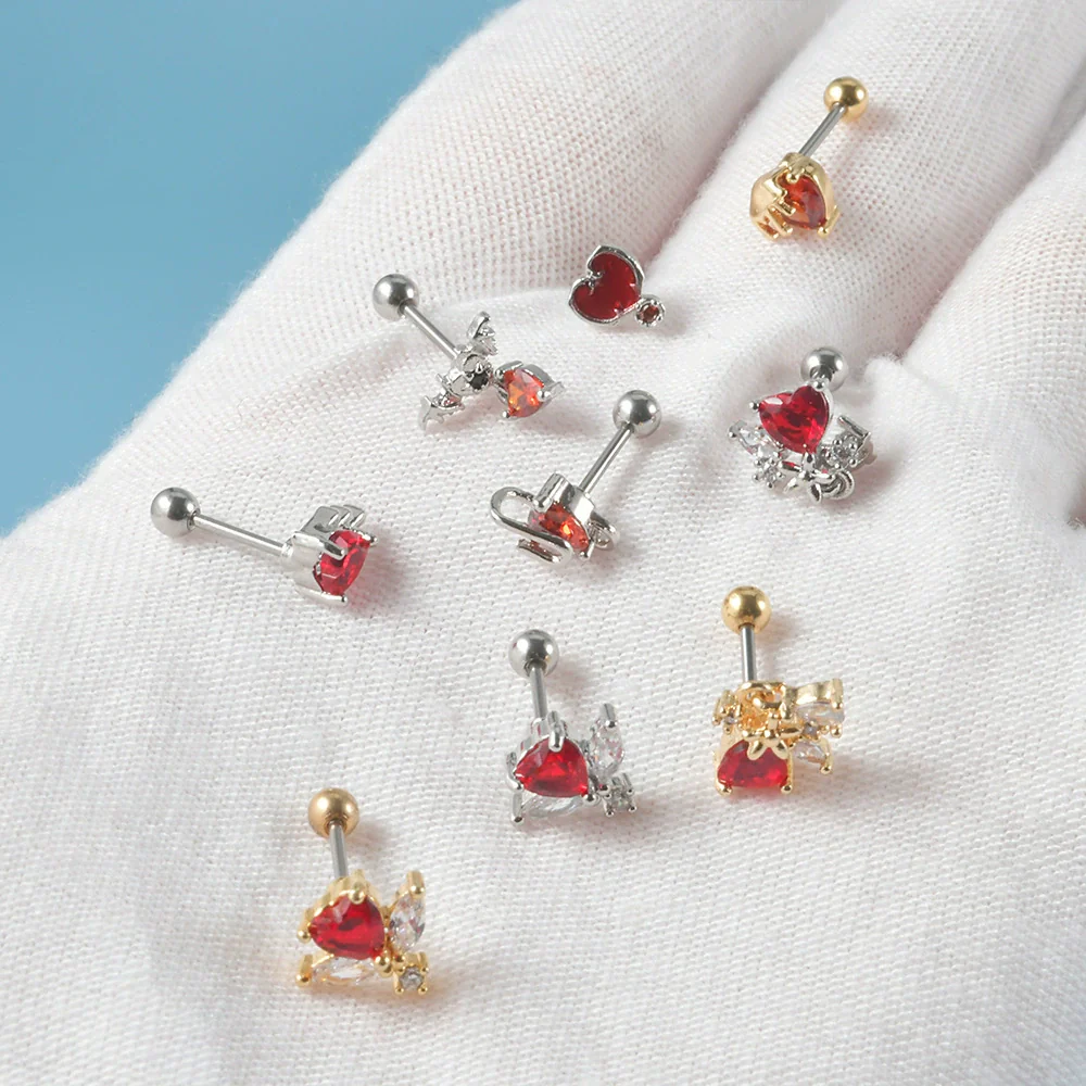 Stainless Steel Heartshaped Ear Nail With Red Diamond Bat Devil And Hanging Chain Electroplated - Image 4