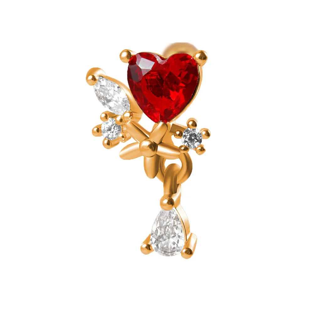 Stainless Steel Heartshaped Ear Nail With Red Diamond Bat Devil And Hanging Chain Electroplated - Image 5