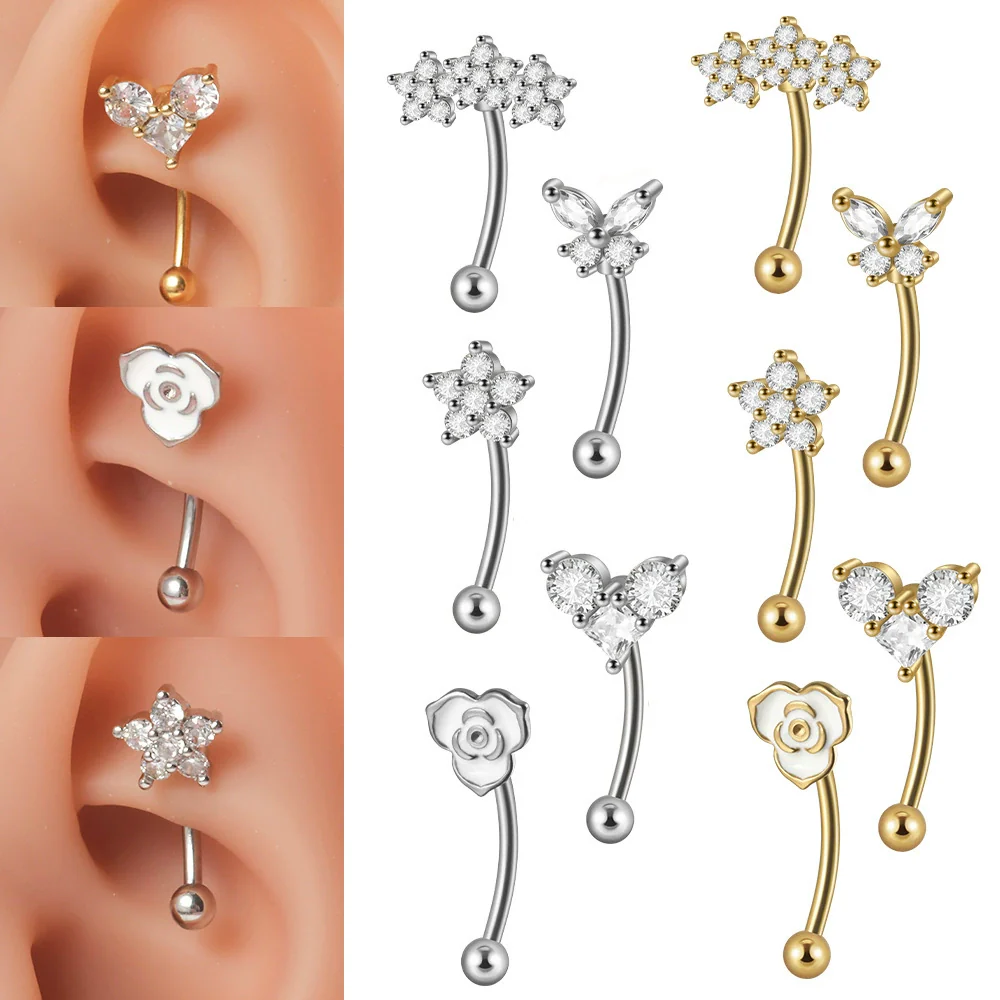 Stainless Steel Heartshaped Zircon Inlaid Flower Butterfly Ear Bone Nail Eyebrow Nail Piercing Earrings