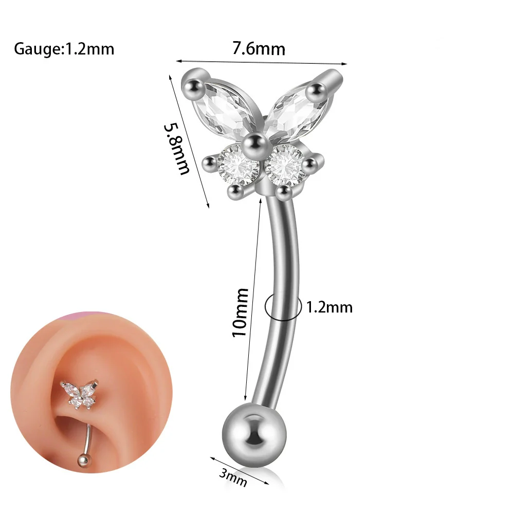 Stainless Steel Heartshaped Zircon Inlaid Flower Butterfly Ear Bone Nail Eyebrow Nail Piercing Earrings - Image 12