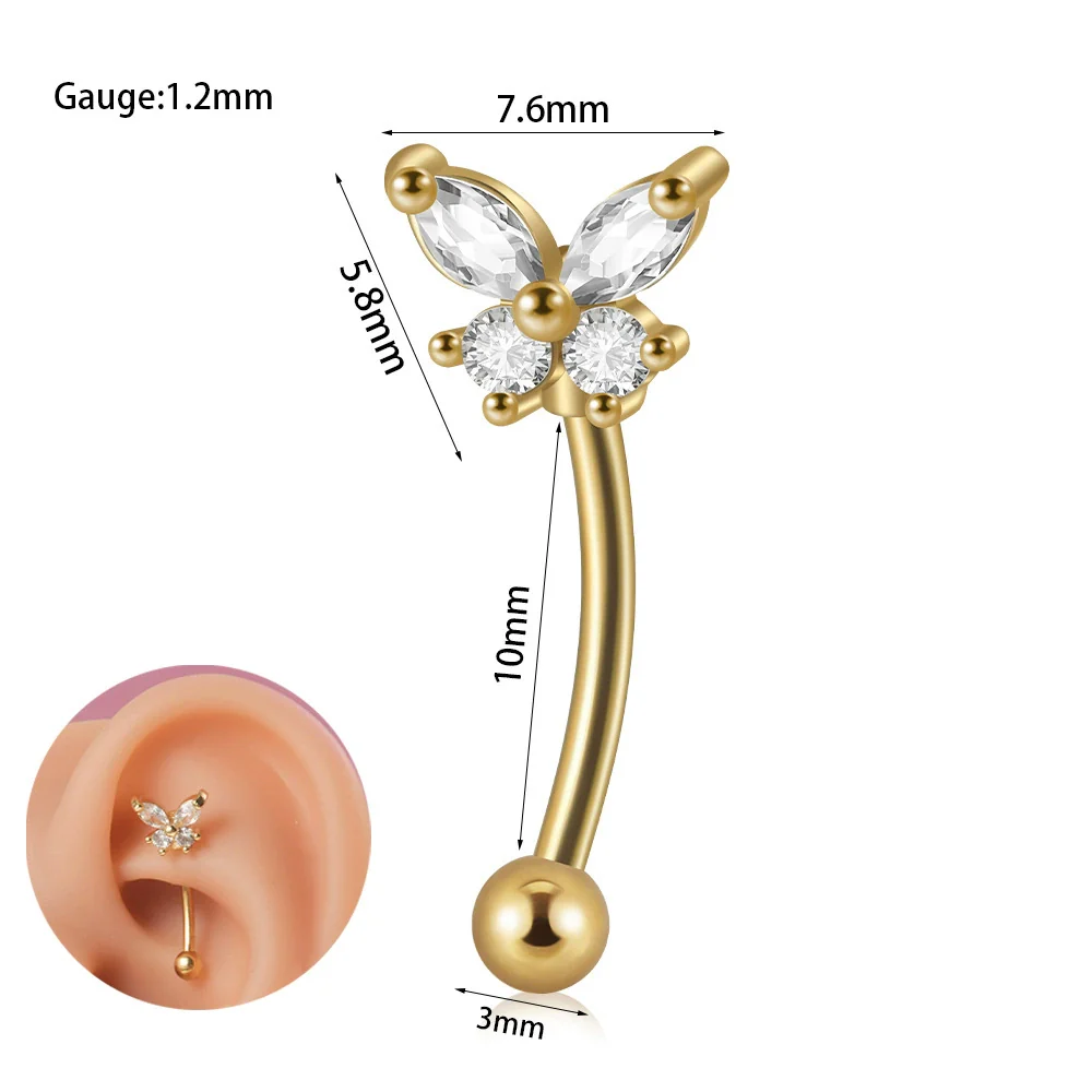 Stainless Steel Heartshaped Zircon Inlaid Flower Butterfly Ear Bone Nail Eyebrow Nail Piercing Earrings - Image 13