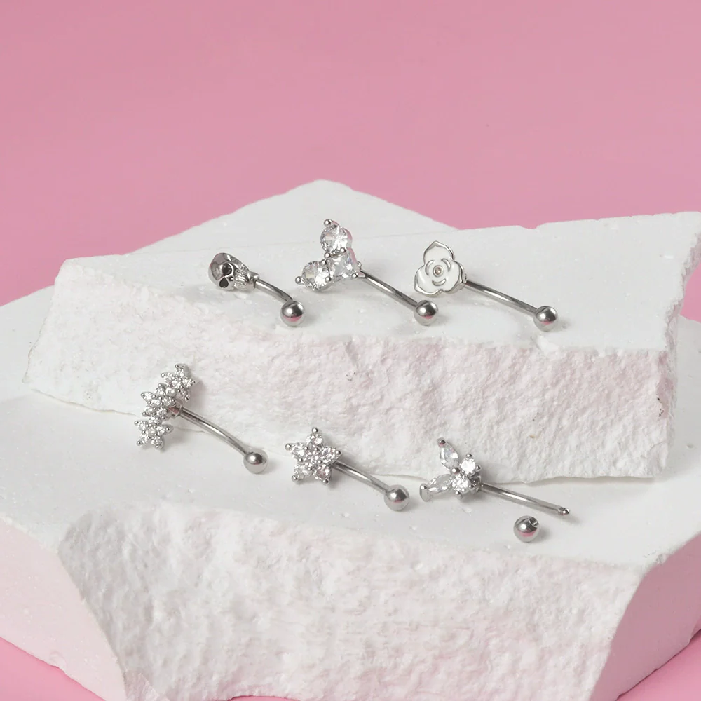 Stainless Steel Heartshaped Zircon Inlaid Flower Butterfly Ear Bone Nail Eyebrow Nail Piercing Earrings - Image 3