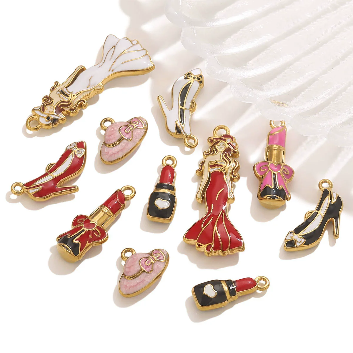 Stainless Steel High Heels Lipstick Oil Drop Charm Necklace Earring Accessories