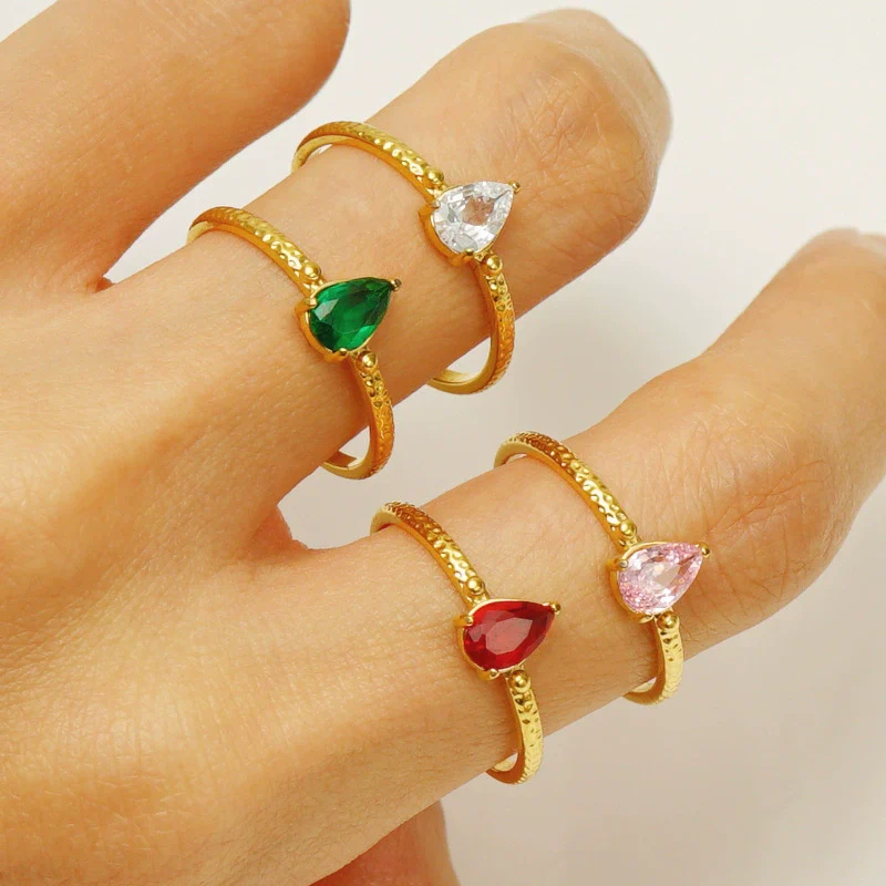 316L Stainless Steel Inlaid Zircon Water Drop Geometric Ring For Women Electroplated - Image 4