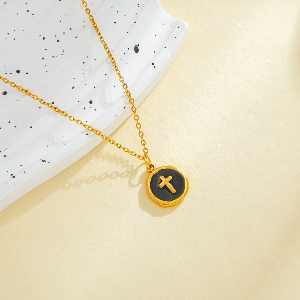 Stainless Steel Jewelry Accessories Vacuum Plated 18K Gold Cross Bracelet Necklace Earrings Pendant With Dripping Oil Design - Image 3