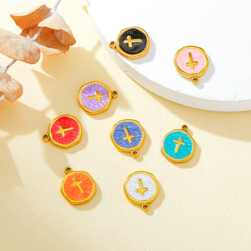 Stainless Steel Jewelry Accessories Vacuum Plated 18K Gold Cross Bracelet Necklace Earrings Pendant With Dripping Oil Design - Image 4