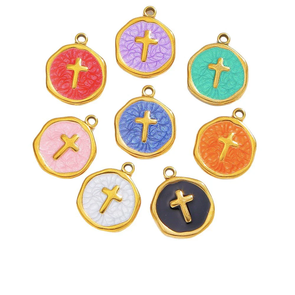 Stainless Steel Jewelry Accessories Vacuum Plated 18K Gold Cross Bracelet Necklace Earrings Pendant With Dripping Oil Design - Image 5
