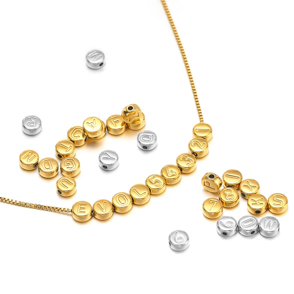 Stainless Steel Jewelry Accessories With Engraved 26 English Letters Flat Round Hole Beads Electroplated For Diy Necklace Bracelet Pendant